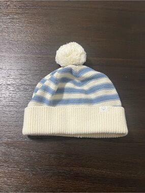 Striped Pom Pom Hat in Cream and Light Blue